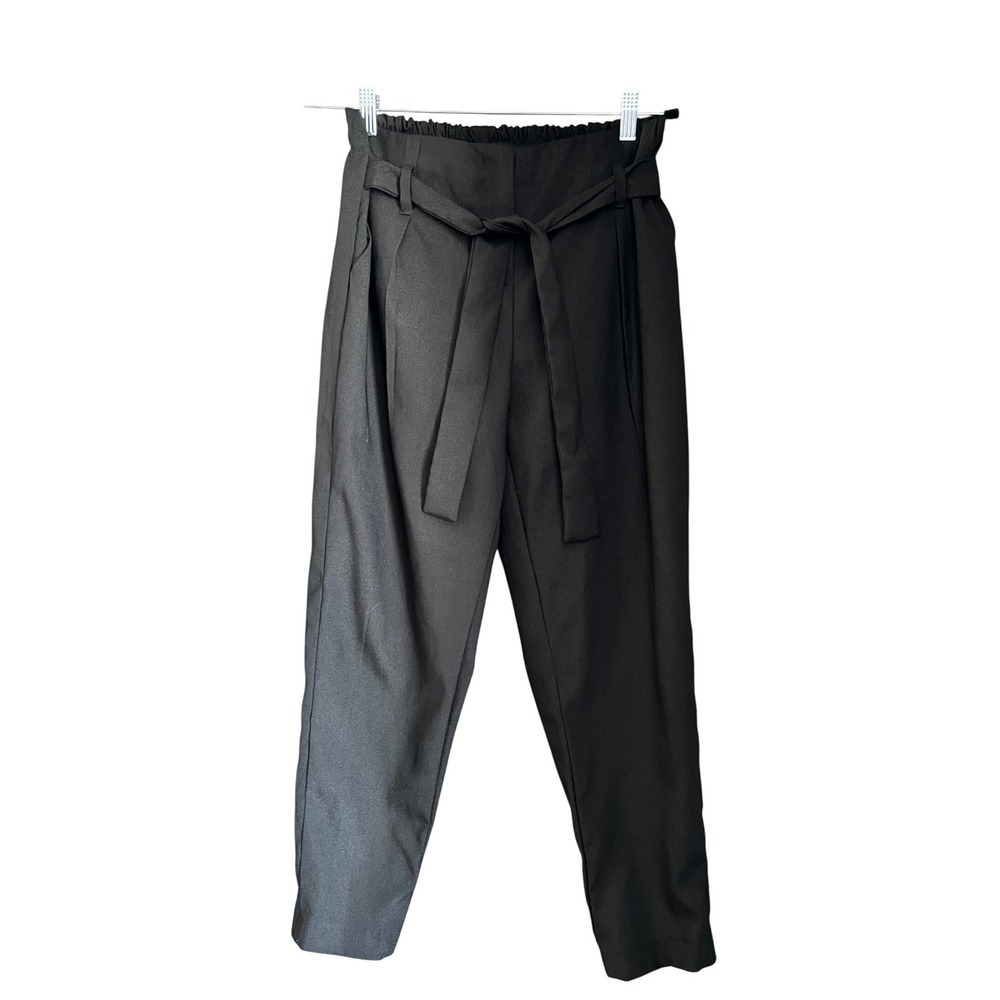 Chic Black Paperbag Waist Tie Cropped Pants Women's Elegant Trousers‎ Hand Made